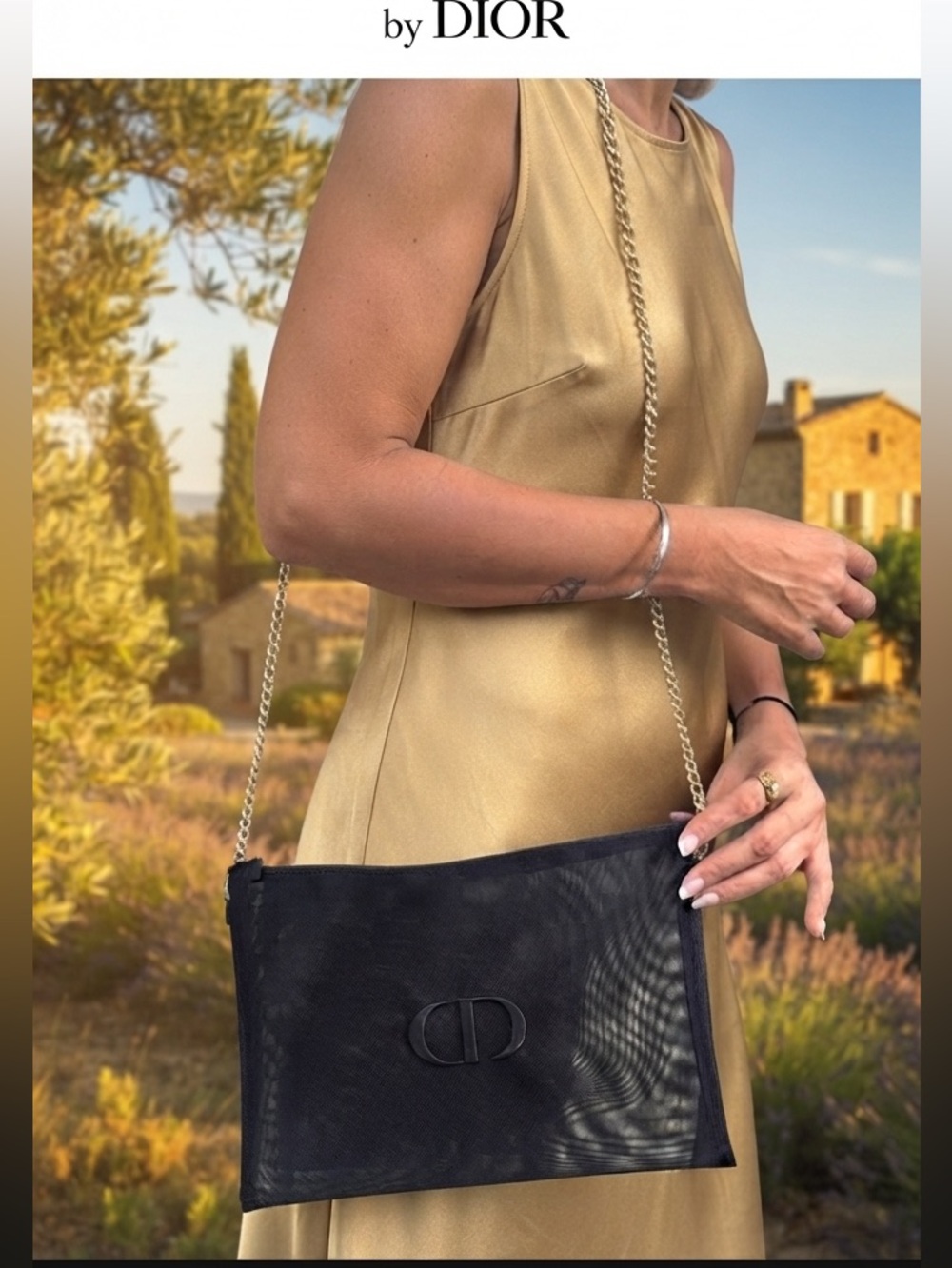Christian Dior Black Mesh Cosmetic Large Bag CD Logo w beautiful Chain attached